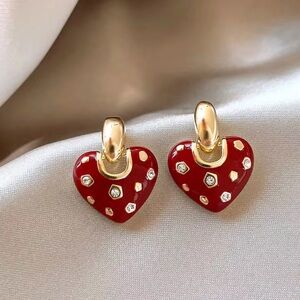 Fashion Rhinestone Red love Heart Earring Gold Plated Small Enamel Heart Earring